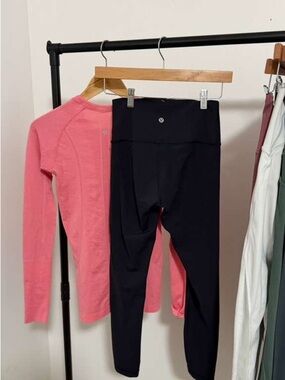 lululemon athletica Pink Long Sleeve Top & Black Leggings Set